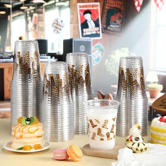 Jingmore 100 Pcs Western Plastic Cups 12 oz Clear Disposable Plastic Cowboy Cowgirl Drinking Cups Bulk for Boho Preppy Baby Shower Birthday Wild West Party Decoration Supplies(Cowboy Shoes,Brown)