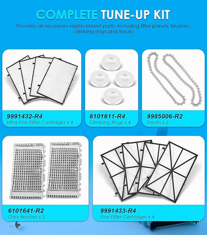 For CC Plus Tune Up Rebuild Kit with 9991433-R4 Fine Filter Panels, 6101641-R2 Grey Brushes, Tracks & Climbing Rings Replacement Parts for Maytronics Dolphin Nautilus CC Plus Robotic Pool Cleaner