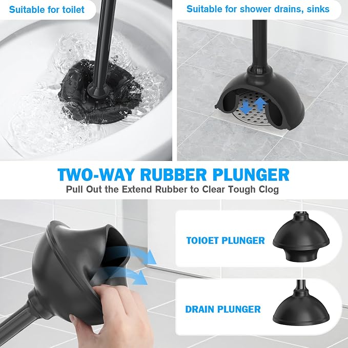 Toilet Plunger and Brush Set, Silicone Bowl Brush and Heavy Duty Toilet Plunger with Ventilated Holder, 2-in-1 Toilet Brush and Plunger Combo for 5.3-inch Toilet Drain Bathroom Deeply Cleaning (Black)