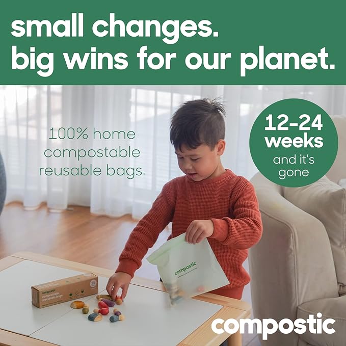 Compostic Compostable Sandwich Bags (100 Count) Everyday Essential — Resealable Zip-Seal, Plant-Based, Home Compostable, Freezer & Microwave Safe, BPA-Free, Non-Toxic, GMO-Free Food Storage Bags