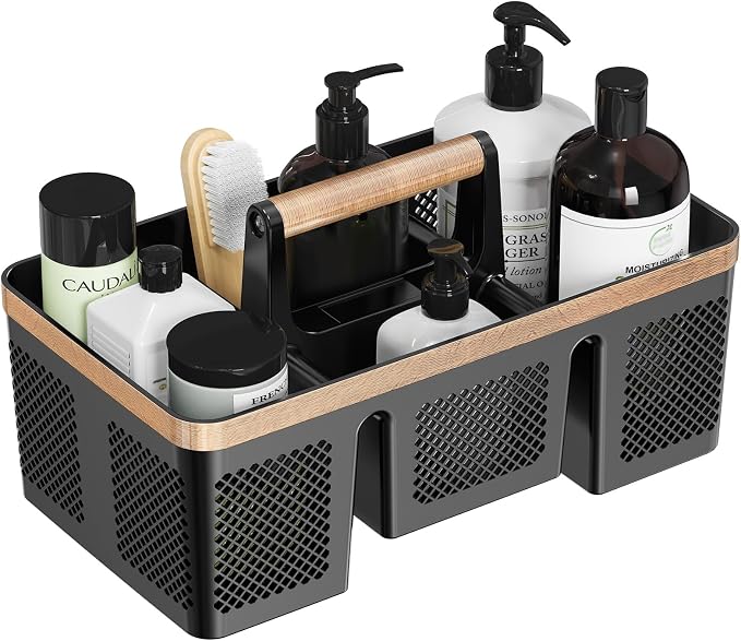 BYUNER Black Shower Caddy Portable: Plastic Bathroom Caddy Organizer with Handle and Holes, Cleaning Caddy, Hard Shower Basket Storage Tote for Toiletry, College Dorm Room Essentials for Men