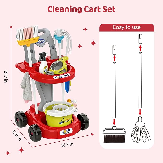 Toddler Cleaning Toy Set, Kids Cleaning Set - Pretend Play Educational Kit with 2-in-1 Toy Vacuum, Mobile Cleaning Cart, Broom & Dustpan, Home Cleaning Toys for Boys Girls(Red)
