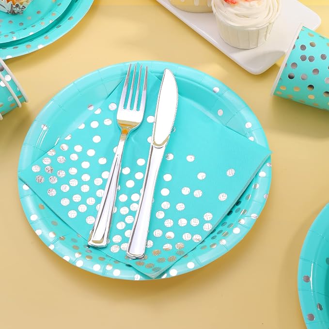 175PCS Teal Party Decorations, Turquoise Paper Plates Serve 25, Teal Plates and Napkins With Silver Plastic Silverware for Birthday, Graduation Party, Wedding, Baby Shower