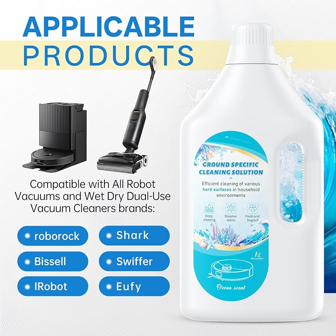1 L Floor Cleaning Solution Ocean Scent, Compatible with Roborock/Shark/Bissell/Swiffer/IRobot/Eufy Quick Drying Without Residue Suitable for All Robot Vacuums and Wet Dry Dual-Use Vacuum Cleaners