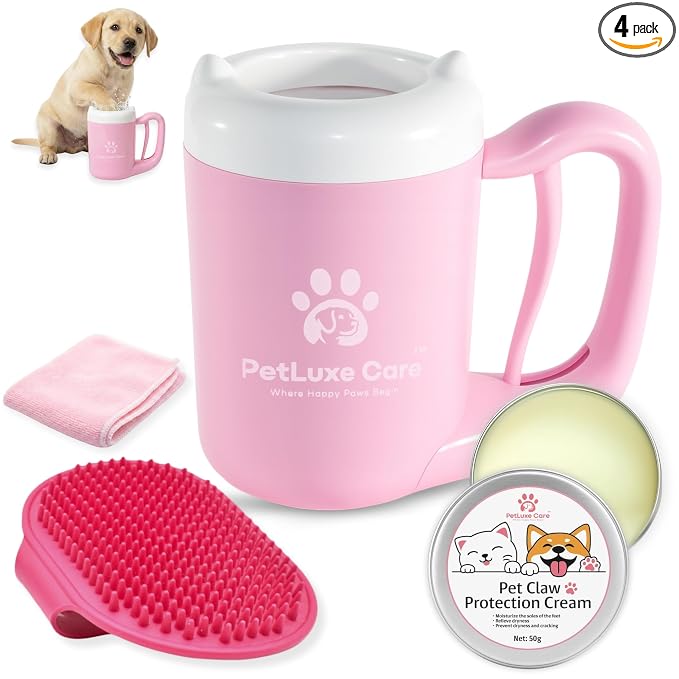 Dog Paw Washer Kit - Includes Paw Cleaner Cup, Towel, Pet Bath Brush & Moisturizing Balm - Dog Foot Washer for Muddy Paws, ideal for Small & Medium Dogs (Pink, Small)