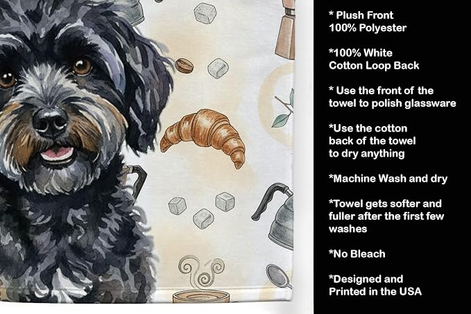 Caroline's Treasures Black Havanese Coffee Bar Kitchen Towel Velour Plush Front and Cotton Loop Back Machine Washable