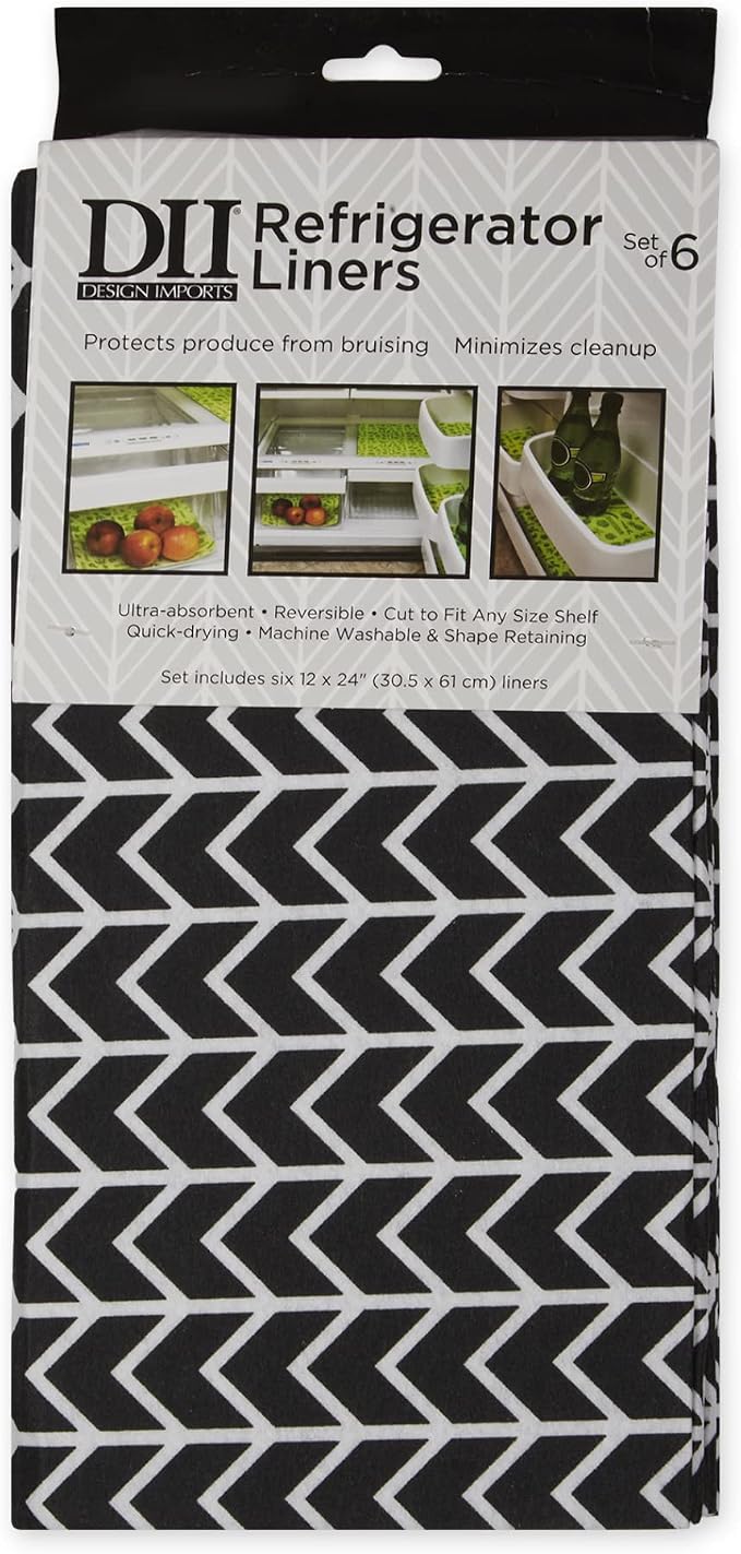 DII Fridge Liner Collection Non-Adhesive, Cut to Fit, 12x24, Black Herringbone, 6 Piece