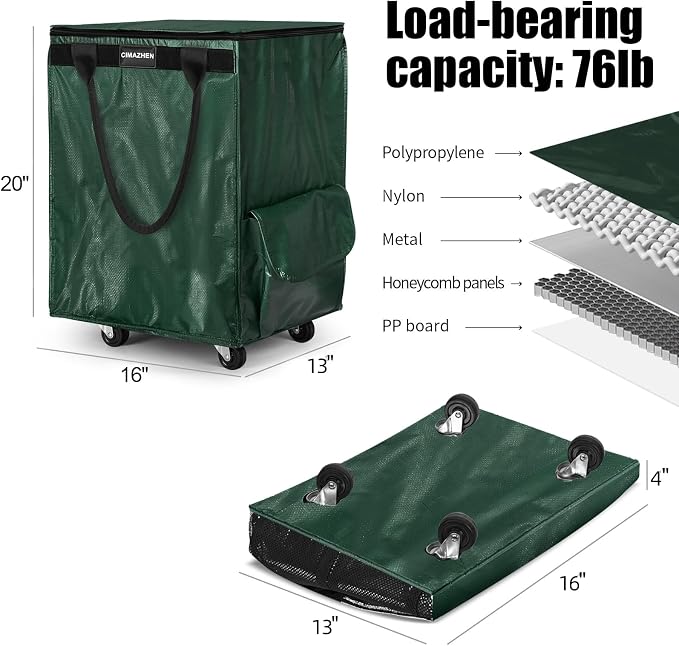 (Medium,Green) Reusable Grocery Bag on 4 Wheels, 70L Foldable Rolling Tote Bag with 3 Handles and Zipper, Rolling Shopping Cart for Groceries, Storage, Laundry, Travel, Organizer, 76lb