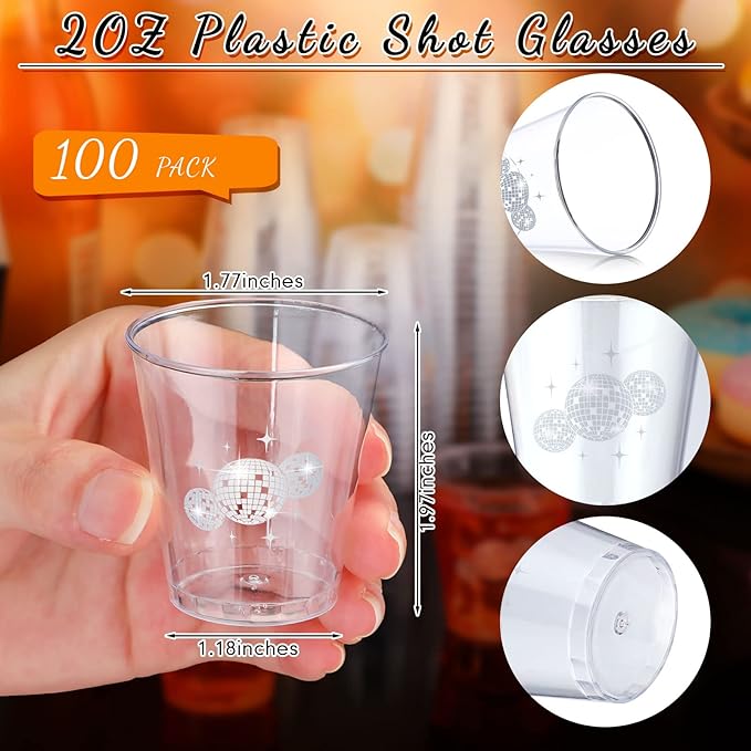Lallisa 100 Pcs Disco Ball Plastic Shot Glasses 2oz mini Clear Disposable Cups Disco Party Supplies Cups for Shots Wine Whiskey Tasting Pudding Bachelorette Elegant Parties