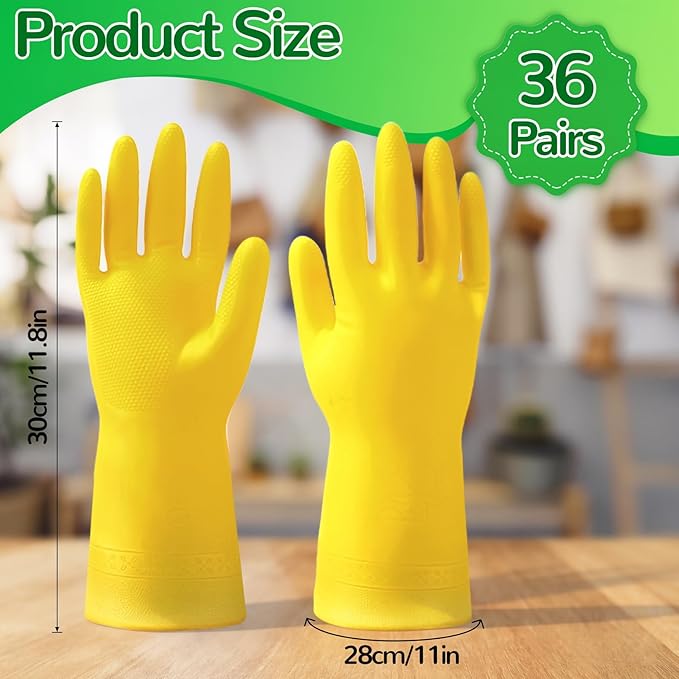 36 Pairs Rubber Dishwashing Gloves, Reusable Household Cleaning Gloves, Long Kitchen Glove for Washing Dishes, Non Slip Rubber Cleaning Glove for Dishwashing, Gardening and Home Use (Yellow)