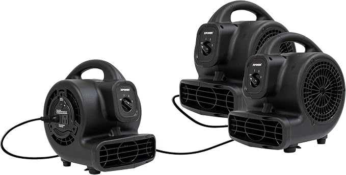 XPOWER P-80A Mini Mighty 138 W 600 CFM Centrifugal Air Mover, Carpet Dryer, Floor Fan, Blower, Stackable, Daisy Chain, for Water Damage Restoration, Janitorial, Plumbing, Home Use, Black