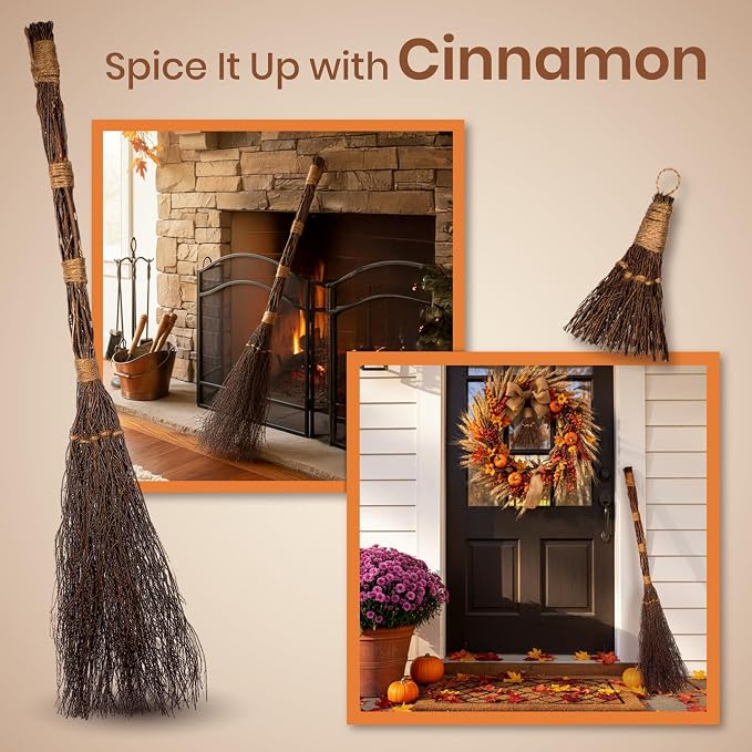 Cinnamon Brooms 36" and 6" - Cinnamon Broomstick Scented Combo - Mini Broom 6" & Large Broom 36" - Witches Broom Cinnamon Broomstick Decoration for Halloween - Mini Cinnamon Broomstick Scented Broom