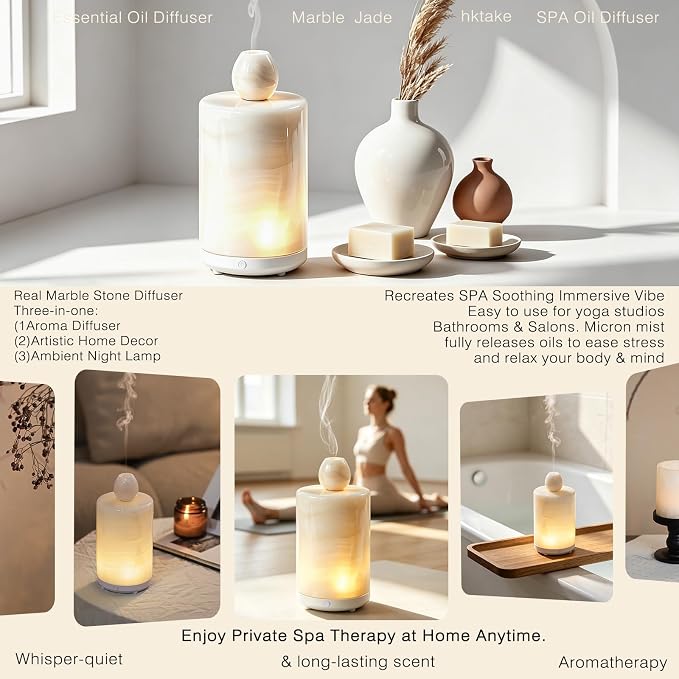 Marble Essential Oil Diffuser Bottle Empty Aromatherapy Reed Diffuser Fragrance Home Decor Bathroom Living Room Humidifier Gift Set Aroma Stone Spa Diffuser Jar(White Jade Marble,100, Milliliters)