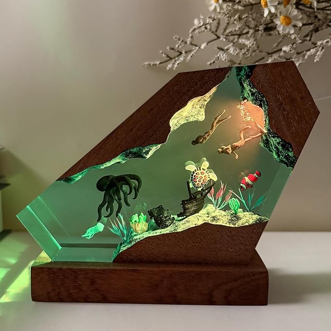 Octopus Ocean Resin Lamp, Handmade Wooden Table Resin Night Light, USB Port Art Ornaments for Home Office Decor, Scuba Diver Gifts for Birthday Holiday, Valentine's Day Gifts for Husband