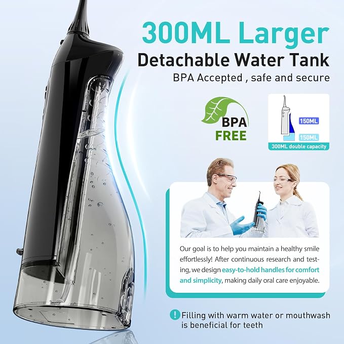 COSLUS ADA Accepted Water Dental Flosser Teeth Pick C20: Portable Cordless Oral Irrigator 300ML Rechargeable Travel Irrigation Cleaner IPX7 Waterproof Electric Flossing Machine, 2PCS, Black & Green