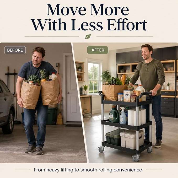 3-Tier Rolling Utility Cart with 2 Locking Brakes, 520 Lbs Heavy Duty 31.5"x15.7"x40.6" Commercial Service Cart, Tangle-Free Silent Wheels for Home, Office, Restaurant, Warehouse, Kitchen