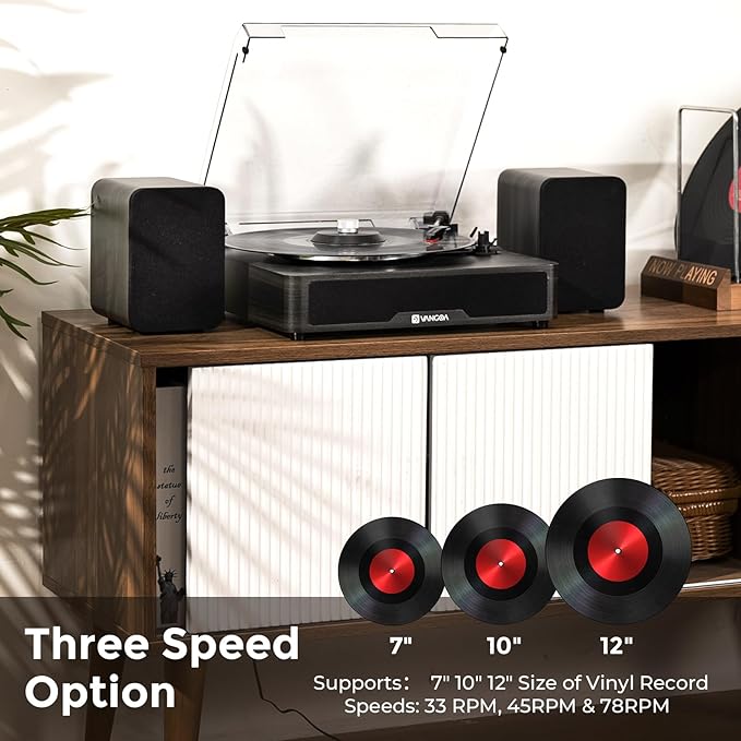 Vangoa Vinyl Record Player with Bookshelf Speakers Bluetooth Vintage Turntable for Vinyl Records Belt-Drive 3 Speed Portable LP Players Wooden Vinyl Players Auto Stop with Cleaning Kits, Black