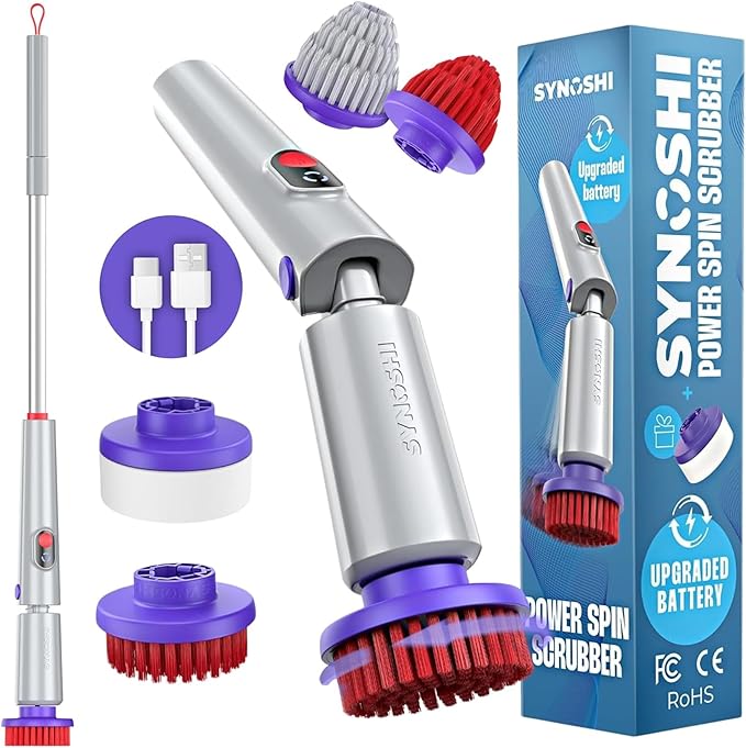 Synoshi PRO Electric Spin Scrubber with Long Handle & Cone Brush Heads – Cordless Shower Scrubber, Bathroom Cleaning Brush, Adjustable Angles, 2 Speeds Power Scrubber for Tub, Floor & Tile