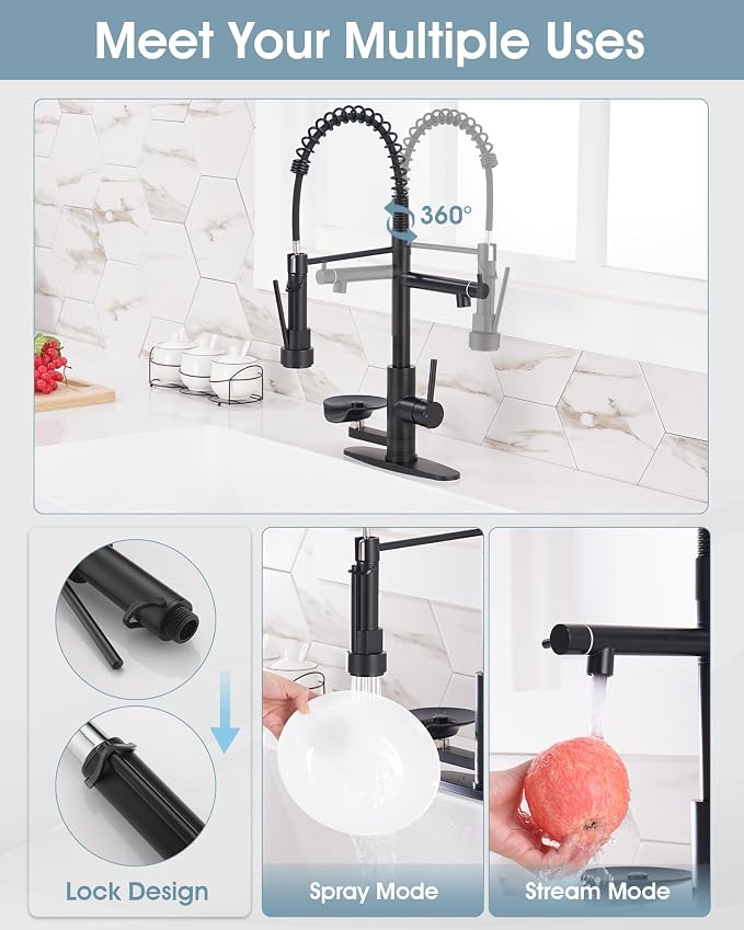 Kitchen Sink Fuacet with Glass Rinser, Single Handle Kitchen Faucet with Pot Filler, Pull Down Sparyer, Deck Plate, 304 Stainless Steel, Matte Black