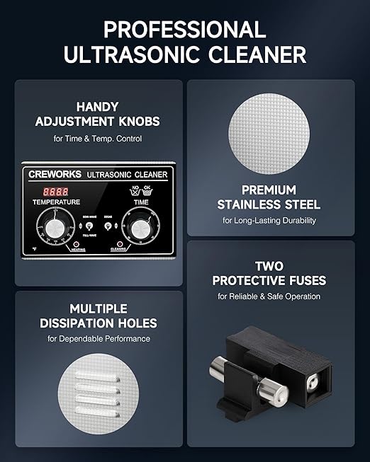 CREWORKS 3L Ultrasonic Cleaner with Degas & Gentle Modes, 120W Stainless Steel Ultrasonic Cleaner Machine with Heater and Timer, Ultrasonic Parts Cleaner with Knob Control for Jewelry Glasses Watch