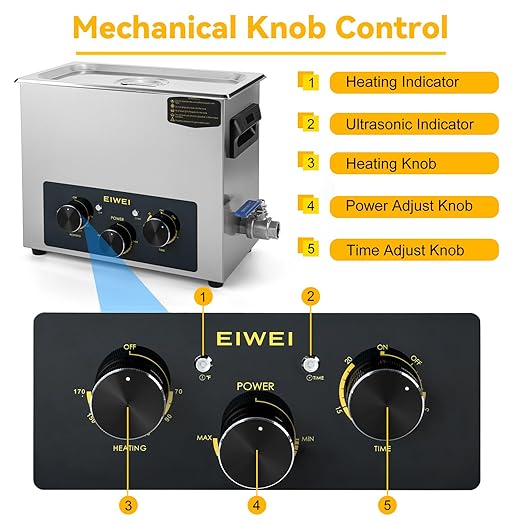 6L Ultrasonic Cleaner Professional Power-Adjustable Knob Jewelry Cleaning Machine with Heater Timer for Carburetor, Jewelry, Glasses, Dentures, Circuit Boards, Automotive Parts