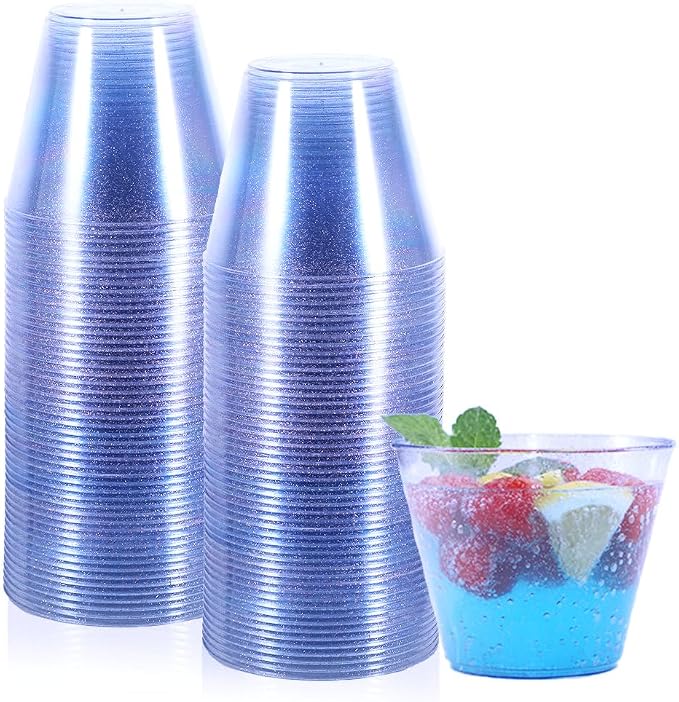 Homy Feel 9 Oz Blue Glitter Plastic Cups - 100PCS, Disposable Cocktail & Wine Cups for Wedding Party