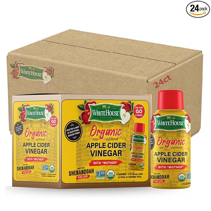 White House Organic Apple Cider Vinegar Shots, Raw Unfiltered, On the Go (Organic, Pack of 24)