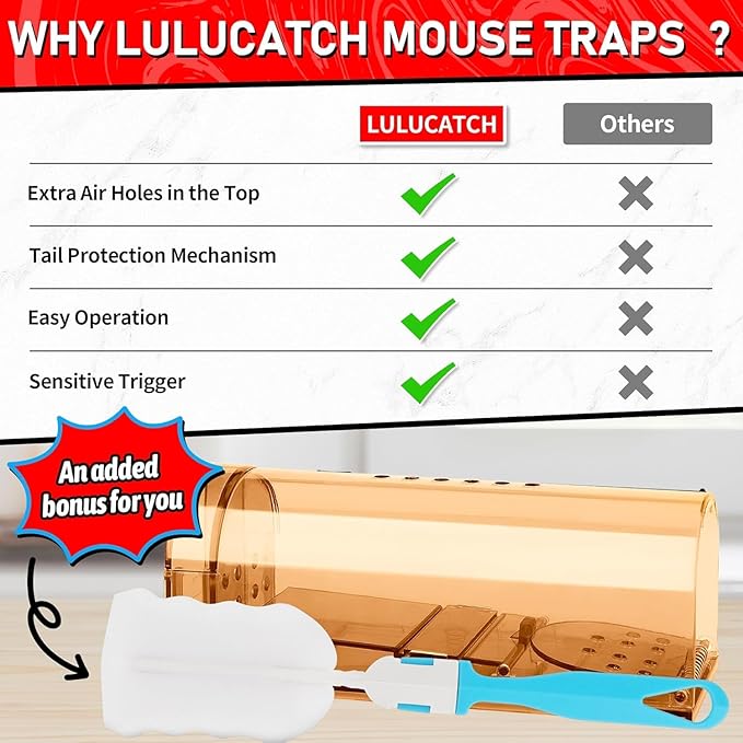 LULUCATCH Humane Mouse Traps 4 Pack, No Touch Catch and Release Live No Kill Rodent Traps, Reusable with Cleaning Brush, Pet Safe Indoor Outdoor Rodent Control for Mice, Rats, Chipmunks, Voles, Brown