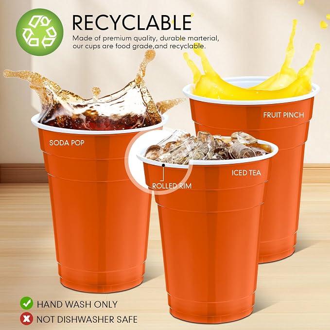 Mimorou Orange 200 Pack Plastic Cups 16 oz Disposable Cups for Party Wedding Halloween Stackable Beverage Drinking Tumbler Heavy Duty for BBQ Birthday Baby Shower