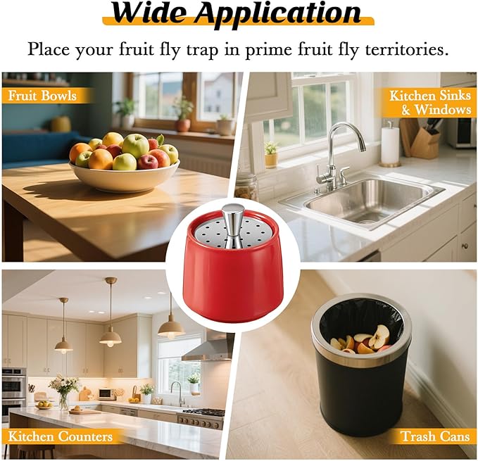 Ceramic Fruit Fly Trap for Indoors, Reusable Kitchen Fly Catcher with Stainless Steel Vent Lid, Uses Safe & Natural Vinegar Bait Trap, Dishwasher Safe, Easy to Use(Red,1 Pack)