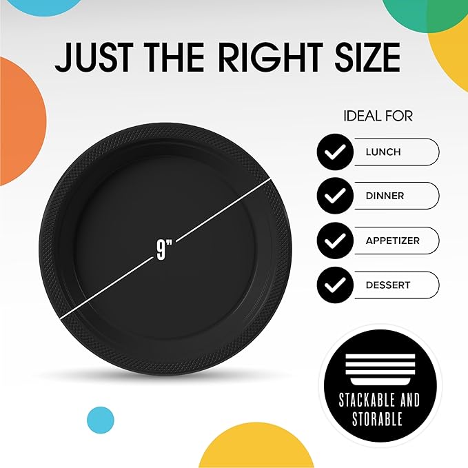 Exquisite Party Solids Black Plastic Plates For Party 9" Black Disposable Plates 50 Pcs Plastic Dinnerware Sets Heavy Duty 350 GSM Disposable Dinnerware Set