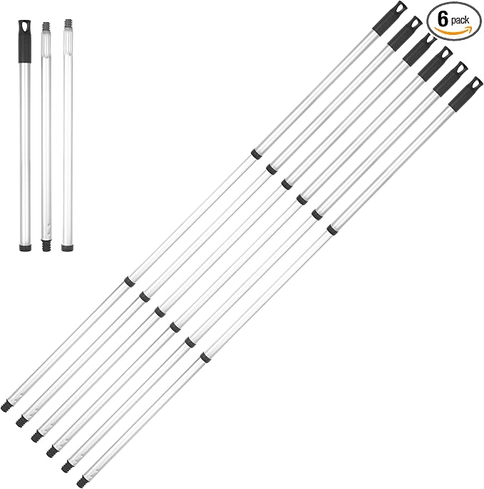 Superio 3 Part Heavy Duty Metal Handle Pole with Hanging Loop for Easy Storage, Mop Replacement Handle, Fits Most Brooms, Mops & Brushes, 48" (6 Pack)