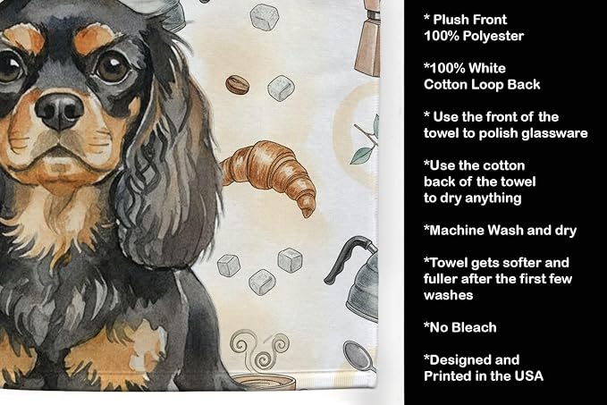 Caroline's Treasures Black and Tan English Toy Spaniel Coffee Bar Kitchen Towel Velour Plush Front and Cotton Loop Back Machine Washable