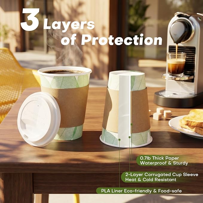 Plant-Based PLA Lined Disposable Coffee Cups with Lids, Straws & Sleeves, Compostable Cups Set, Eco-Friendly for Hot/Cold Drinks, Party, Travel, Office (12 oz 100 Count)