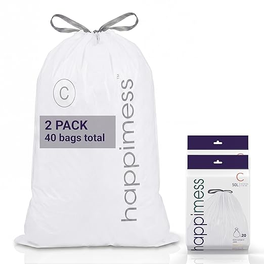 happimess 13.2 Gallon (50L) Drawstring Trash Bags, Unscented, White, Heavy Duty LDPE Liners for Kitchen and Household, Custom Fit 40 Count (2 Packs of 20 Liners) HPM3000C-W-2SET