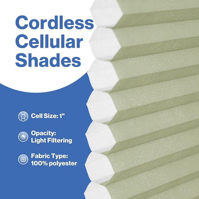 No Drill Cellular Shades, Sage Custom Size Cordless Light Filtering Pull Down Pleated Honeycomb Blind Thermal Insulated Easy Install for Indoor Window Bedroom Living Room Kitchen Door