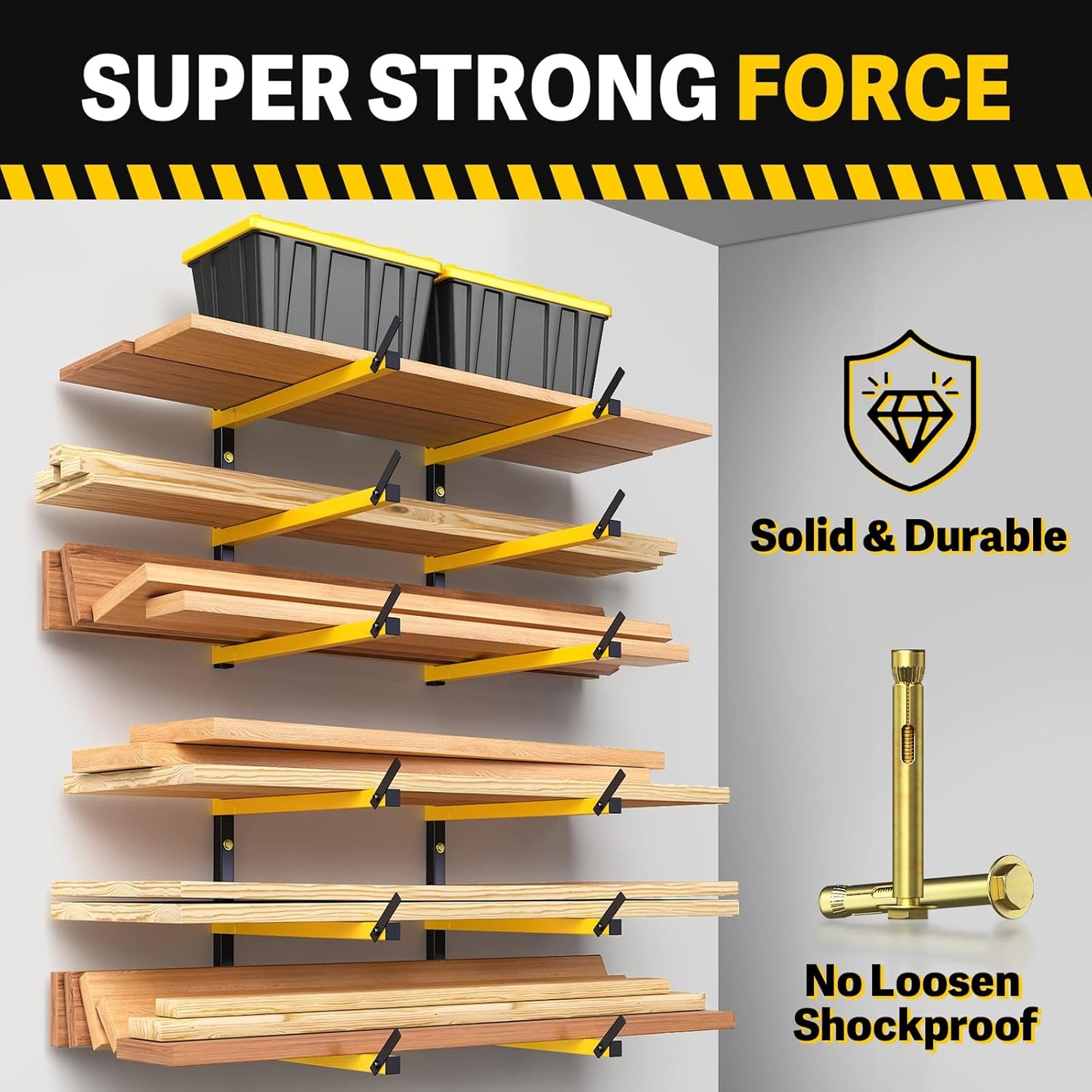 GREENER Lumber Storage Rack Folding Wood Storage Racks Wall-Mounted Metal Racks for Storage with 3-Level Heavy Duty Garage Wood Organizer for Woodworking Shop Indoor & Outdoor Use, 4 pairs,Yellow