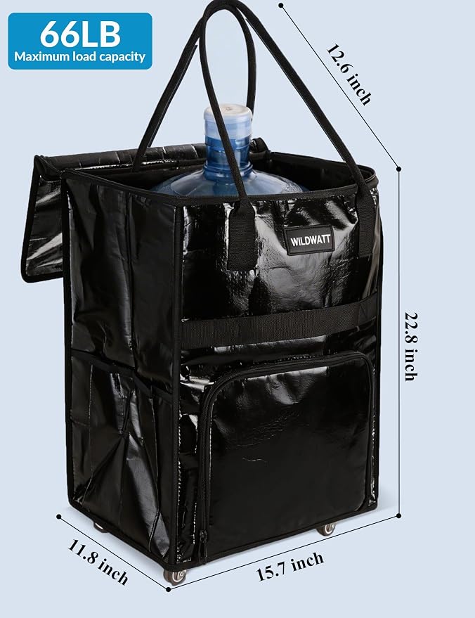 Reusable Rolling Shopping Bag with 5 Wheels, Foldable Grocery Cart Tote with Zipper, Lightweight Heavy-Duty Carry Bag HoldsUp to 66 lbs for Groceries, Laundry, Camping, Moving,Black