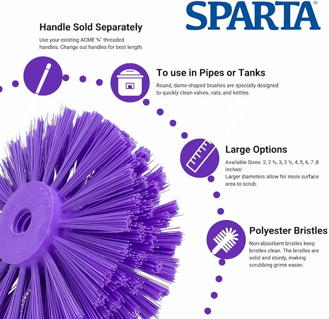 SPARTA Industrial Tank Brush Head Pipe Brush Head, Drain Brush with 3/4" Thread Hole (Handle Not Included) for Commercial Use, Plastic, 5.7 Inches, Purple (Pack of 2)