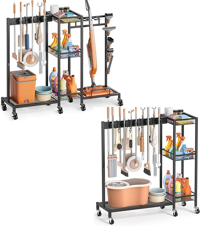 Broom and Mop Holder with Cleaning Supplies Organizer