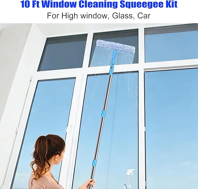 Longzhuo 10 ft Professional Window Washing Kit with Extension Pole, 2 in 1 Squeegee for Window Cleaning Kit for Indoor/Outdoor High Window Glass, Car Windshield Cleaner Tool