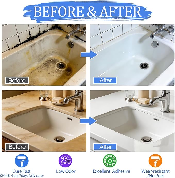 BEKOMN Tub Paint,Tub and Tile Refinishing Kit 33oz with Tools,Bathtub Paint White Water-based Low Odor,Easy to Use for Sink Kitchen Bathroom,Semi-Gloss,50-55sq.ft