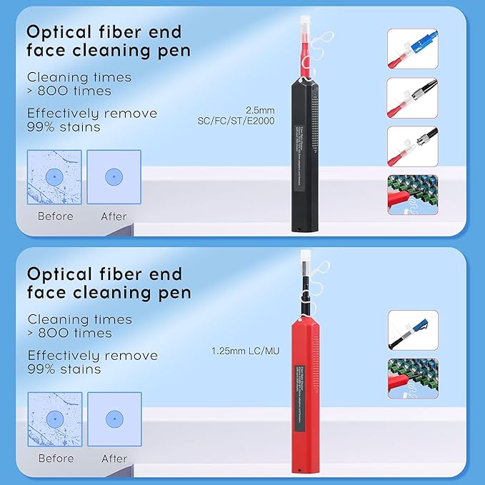 13 Piece kit Fiber Optic Cleaning Tool kit with 400x Optical Fiber Microscope Cleaner SC LC Cleaning Pen 2.5mm 1.25mm Interface Cleaning Box with Replace core Fiber Optic Cleaner kit