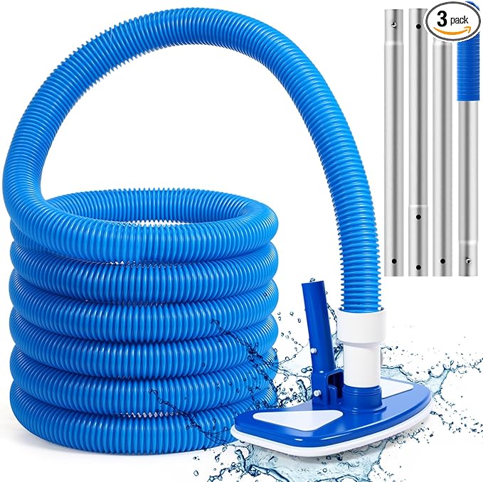3 Pcs Pool Vacuum Kits Include 11.8" Vacuum Head with 47" Adjustable Pole with 1-1/2" x 18ft Long Hoses Flexible Head with Wheels for Above Ground Inground Pond Spa Hot Tub