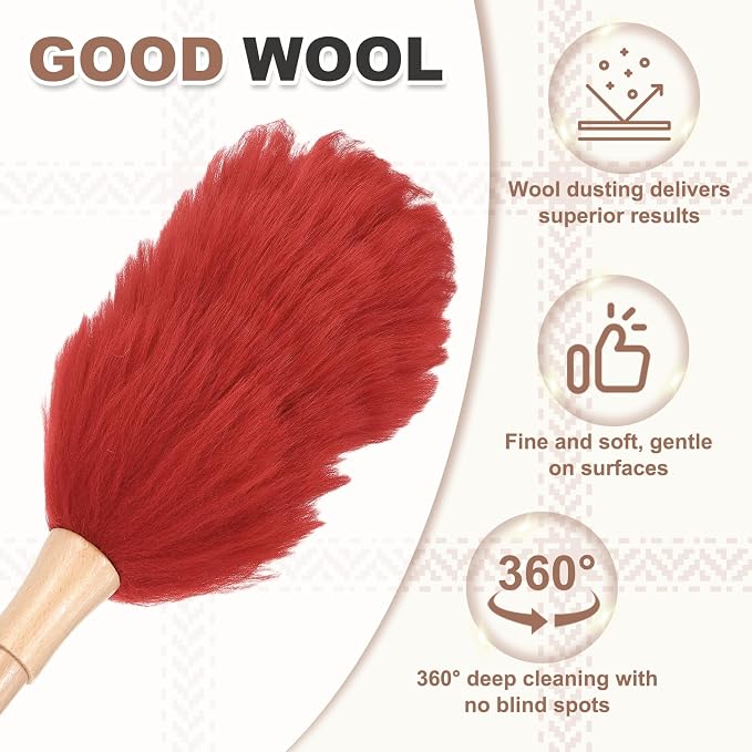 uxcell Wool Duster, 14.2" Natural Feather Cleaner Household Cleaning Duster with Solid Wooden Handle for Cleaning Fans Window Blinds Shelves Furniture, Red