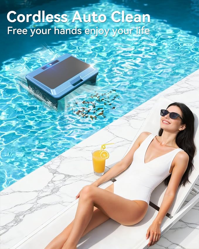 F1T Solar Powered Robotic Pool Skimmer Surface Cleaner with APP Support Dual Charging Options Smart Obstacle Avoidance 24/7 Continuous Cleaning Ideal for Above Ground Pool
