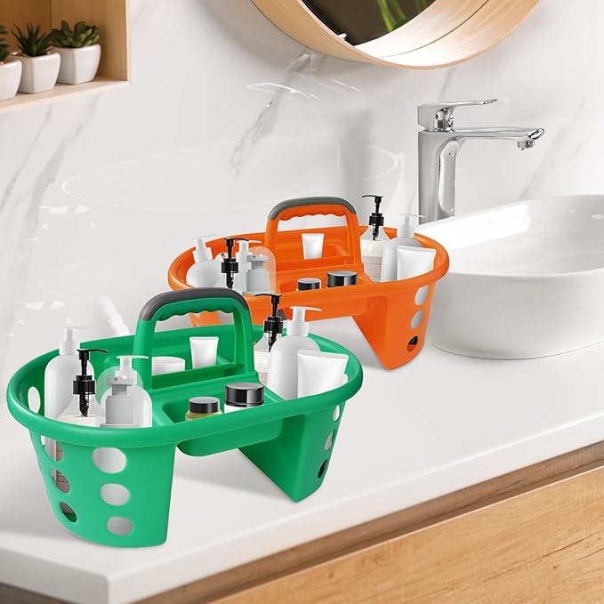 SIMPLYKLEEN Large Shower Caddy Portable 2PC - Made in USA Plastic Jumbo Size Dorm Storage Candy Tote with Handle Shower Organizer for Bathroom, Pantry, Kitchen, College Dorm, Green/Orange