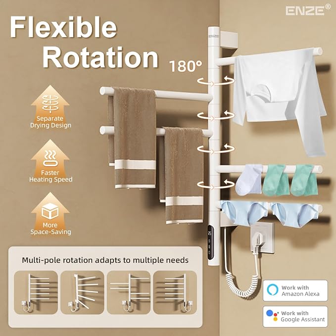 ENZE Smart Rotating Heated Towel Rack, 5-Bar Electric Towel Rack with Swivel Bars, Wi-Fi App Control, 24H Timer, Stainless Steel, IPX5, Hardwired/Plug-in, White