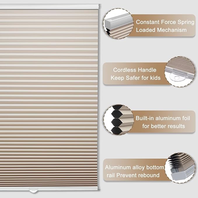MYshade Cordless Blackout Cellular Shades, 1.5" Honeycomb Window Blinds for Bedroom & Nursery, Thermal Insulated, Noise Reducing, Privacy Shades, Inside or Outside Mount (39" W x 72" H, Beige)
