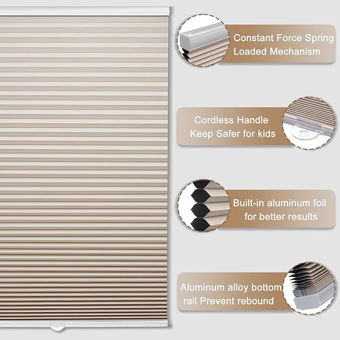 MYshade Cordless Blackout Cellular Shades, 1.5" Honeycomb Window Blinds for Bedroom & Nursery, Thermal Insulated, Noise Reducing, Privacy Shades, Inside or Outside Mount (29" W x 72" H, Beige)